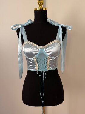 Satin Lace-Up Crop Bustier Top with Floral Trim - Light Blue